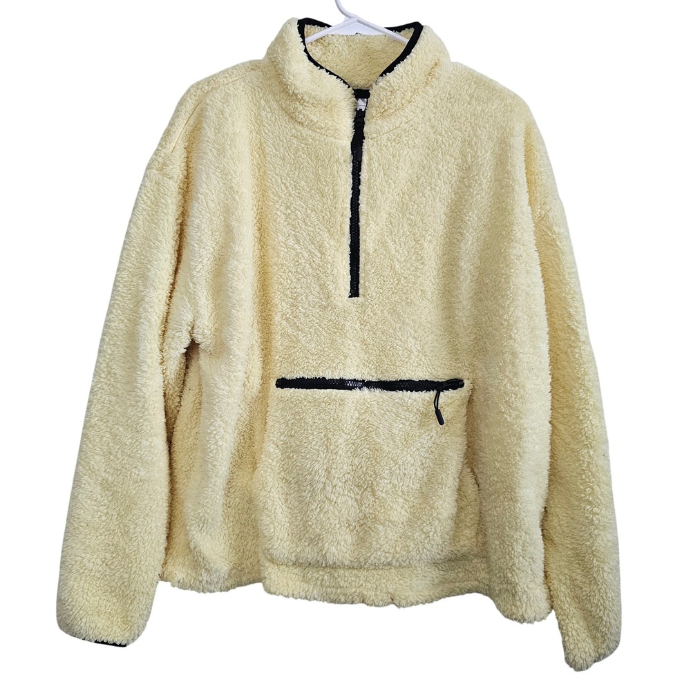 Cream Teddy Sherpa Fleece Quarter Zip Pullover Jacket with Front Pocket Pocket